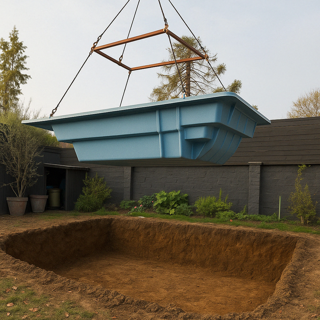 Instalación de piscina con grúa